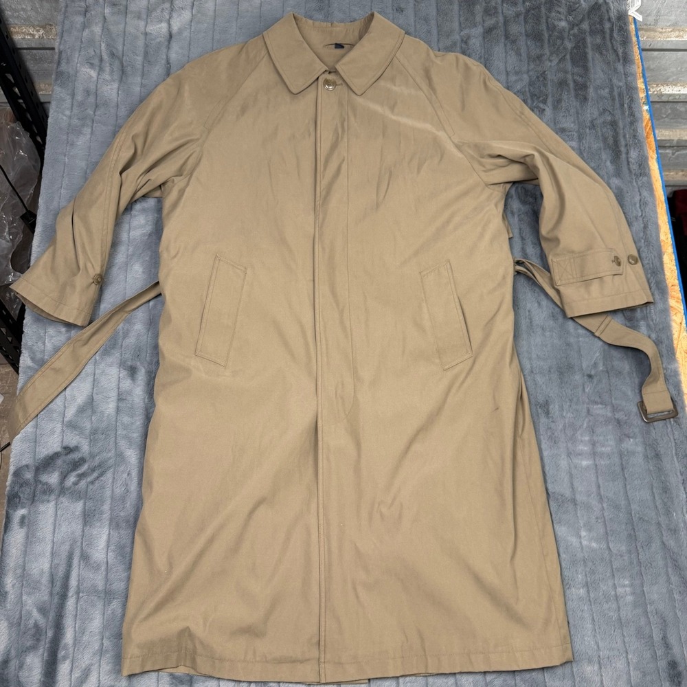 Stafford Mens Tan Trench Coat Belted Overcoat Plaid Removable Liner 44 Reg
